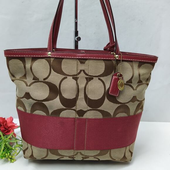 Coach Signature Brown Canvas Leather Trim Reversible Double Handles Tote Bag - Picture 1 of 16